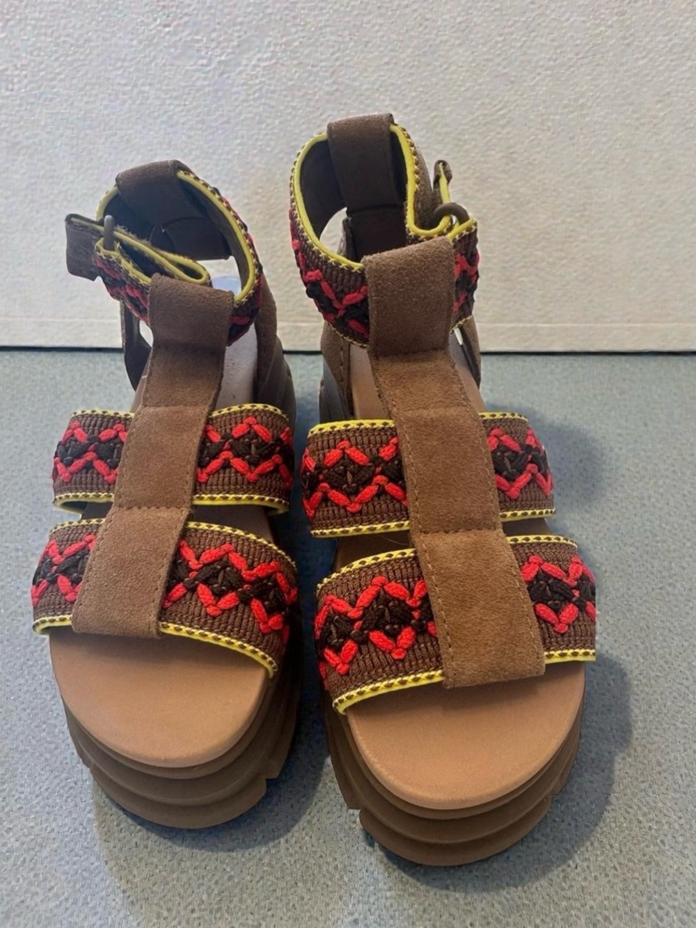 UGG Brown Suede Platform Sandals with Red and Yellow Trim